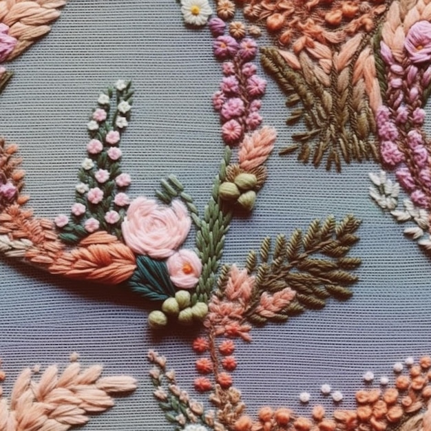 haftowane kwiaty na tkaninie